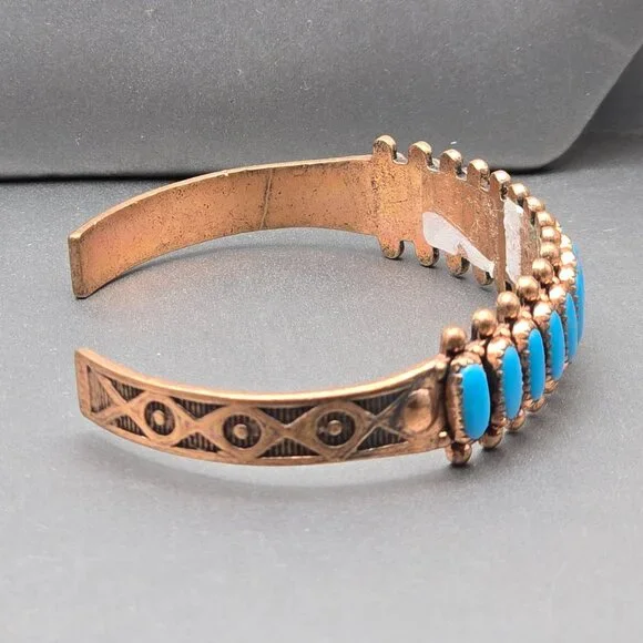 VTG Southwestern Copper Turquoise Cuff Bracelet 6.5" Signed WMCO Saw Tooth Bezel - Picture 5 of 9